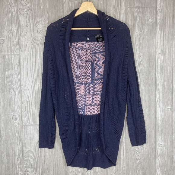 Knitted & Knotted Sweaters - Knitted & Knotted Cardigan Womens Small‎ Navy Blue Tribal Boho Artsy Open Front